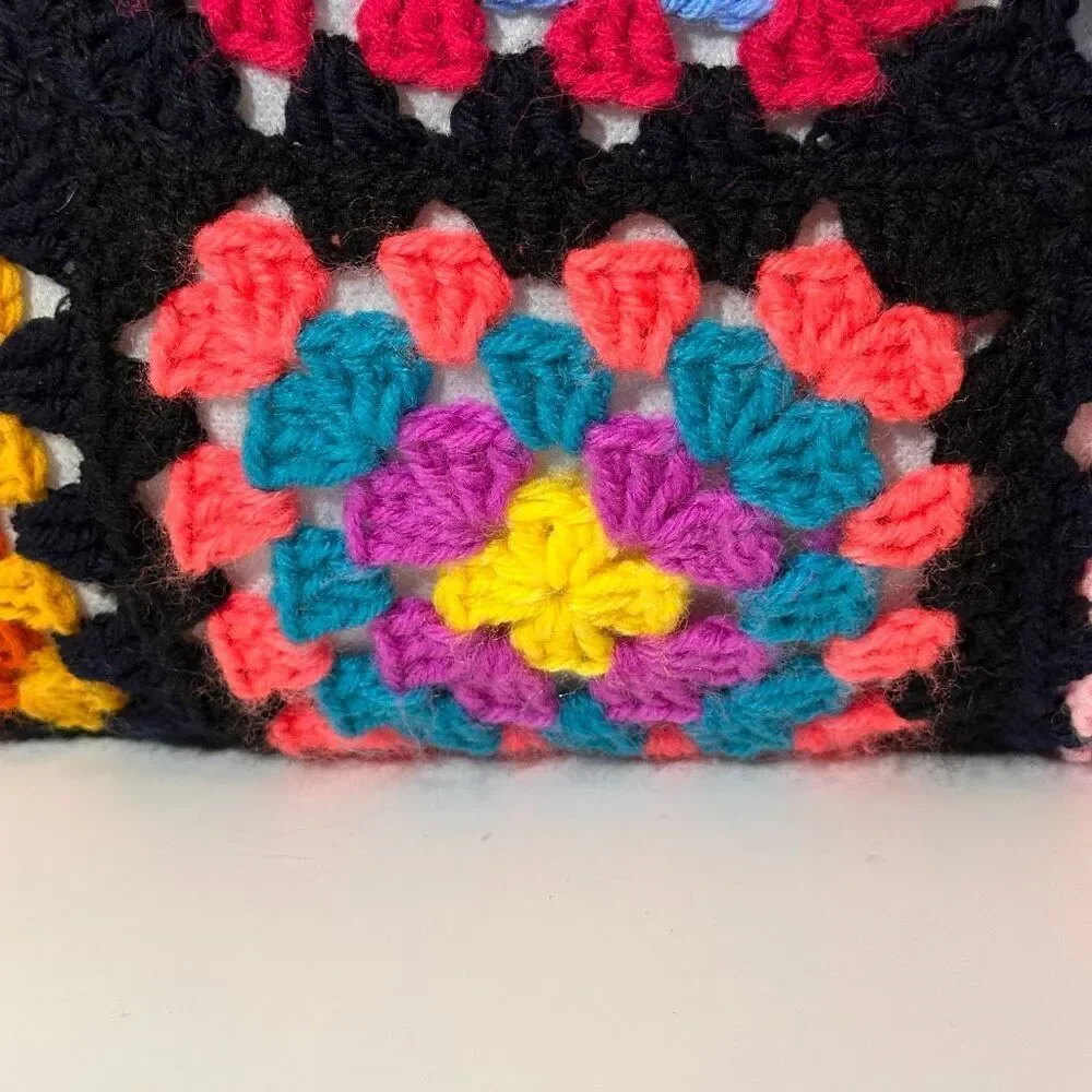 Pillow Crocheted Granny Square Colorful Decoration Black 14”x14”
